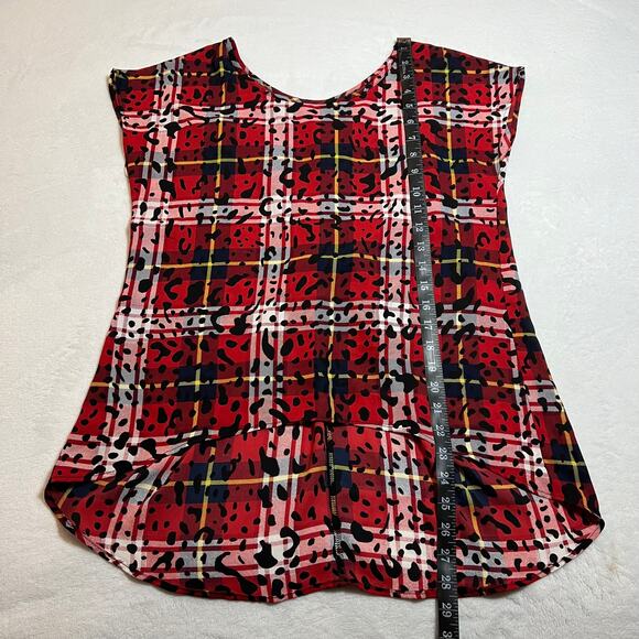 Women's Scoop Neck Cap Sleeve Plaid Leopard Print Blouse Size M Maximalist - Picture 7 of 7